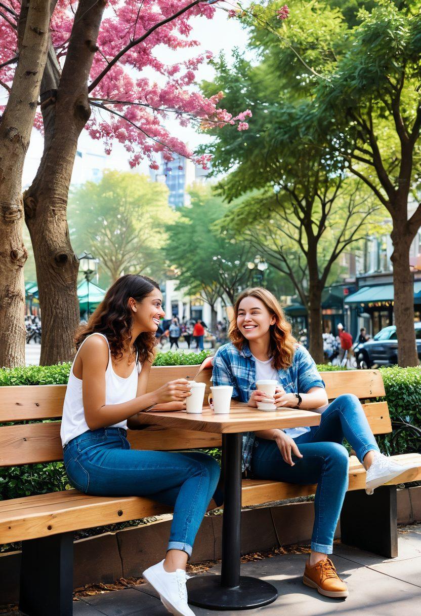 A diverse group of young adults engaged in various dating activities, such as sharing a laugh over coffee, walking hand-in-hand in a park, and using a dating app on their phones, all set against a vibrant city backdrop. Highlight the warmth of connection and the complexities of modern relationships through visual storytelling. Emphasize a sense of joy, discovery, and intimacy. digital illustration. vibrant colors. modern style.