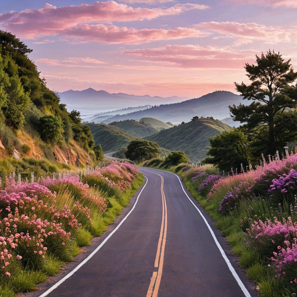A dynamic, winding road symbolizing a journey with road signs indicating 'Intimacy', 'Communication', and 'Consent'. Along the road, two silhouettes of diverse couples engaging in different activities: sharing a laugh, holding hands, and deep conversation, surrounded by a lush landscape symbolizing growth and understanding. The sky is a gradient of soft pinks and purples, suggesting warmth and openness. clean design, vibrant colors, soft focus.