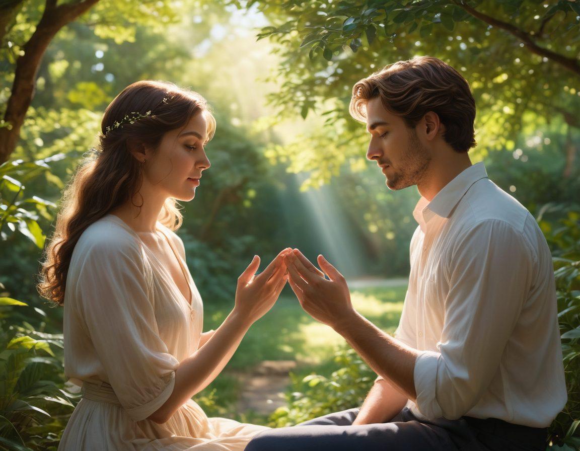 A warm and inviting scene depicting two diverse people engaged in a heartfelt conversation, surrounded by nature, emphasizing light and connection. Soft sunlight filters through trees, creating a serene atmosphere. Include symbols of genuine connections like intertwined hands or a heart in the background. Emphasize calm colors to evoke intimacy and authenticity. super-realistic. soft pastels. natural lighting.